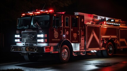 Fire truck with red fire lights flashing at night