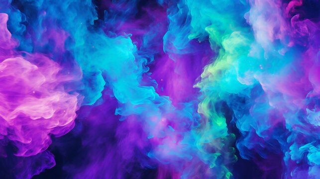 Intergalactic Whirl of Neon Colors: Cosmic Dance of Blue, Purple, and Green Mists