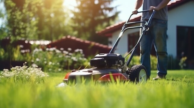 A gardener is cutting the green grass of the backyard with a gasoline-powered lawn mower. Trimmer for maintaining garden plots