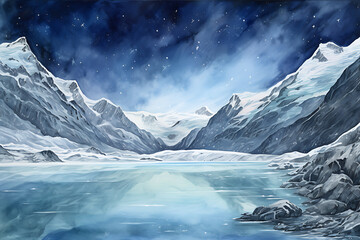 Watercolor painting realistic Starry sky with Milky Way over Morteratsch Glacier in Bernina Group