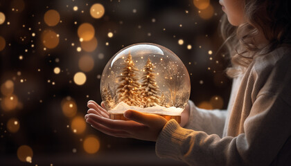 Magic snow globe with christmas decorations in kid hands 
