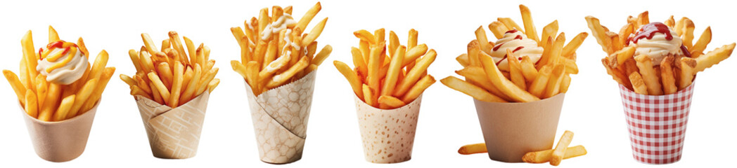 Collection of fries with sauce in different cones - obrazy, fototapety, plakaty