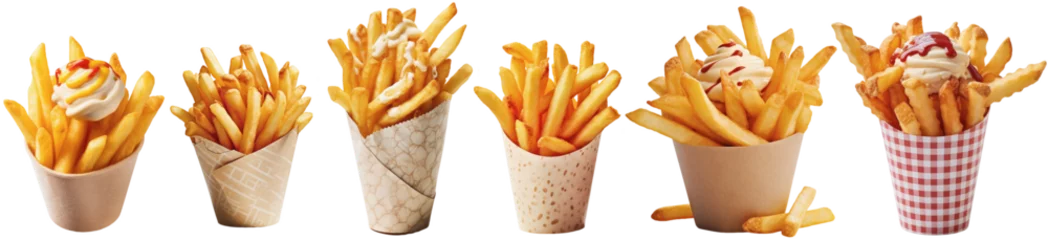 Poster Collection of fries with sauce in different cones © Farantsa