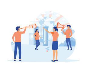  Tiny people are preparing for the holiday, saving the planet, World Environment Day, Bio technology, a city in the background of the planet. flat vector modern illustration 