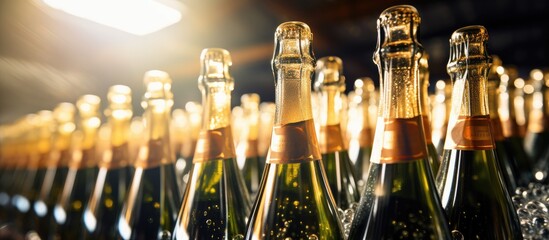 Champagne bottles turning during fermentation, close up. - obrazy, fototapety, plakaty