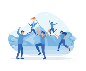 Leadership and teamwork, Team leader shows the way, motivates for success, gives trophy flag, competitive environment. flat vector modern illustration