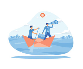 Businessman looking through a telescope by two business people standing with oars floating on a paper boat in the sea. flat vector modern illustration 