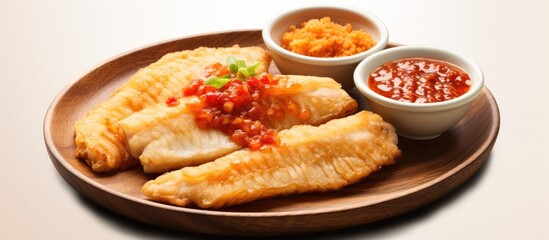 Fried Malaysian fish with sweet sauce and chili dip.