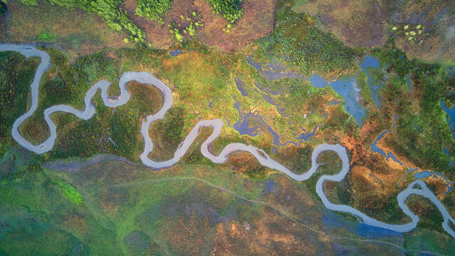 a winding river cutting through lush green land, surrounded by trees, East River, Colorado
