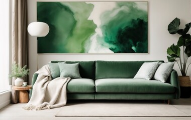 living room features a green sofa with white pillows and a matching blanket, against a pristine white wall with an abstract art poster