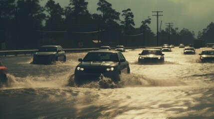 Cars driving on flooded roads