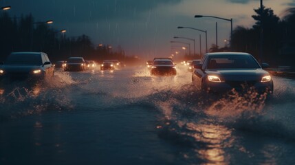 Cars driving on flooded roads