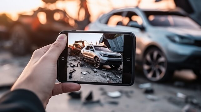 Female hand holding a smartphone Take pictures of car accidents