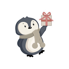 cute penguin in a scarf holding  gift box with  bow vector