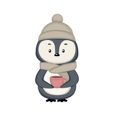 cute penguin in a hat and scarf holding a mug vector. eps 10