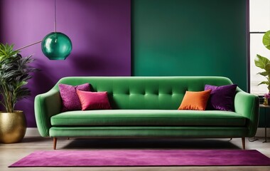 living room features a green sofa against a purple wall, with a vibrant pop art mid-century style adding a unique touch to the home interior