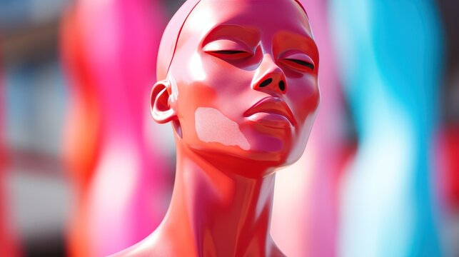 Brightly colored clay androgynous female mannequin. Fashion Abstract Concept. Bright dynamic composition.