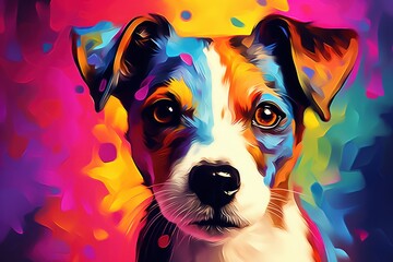 Jack Russell Terrier puppy in abstract graphic style. The highlight is the ultra-bright neon art. - obrazy, fototapety, plakaty