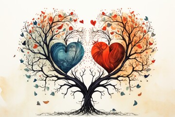 Whimsical illustration of two entwined trees forming a heart shape with their branches, a symbolic and nature-inspired representation of love