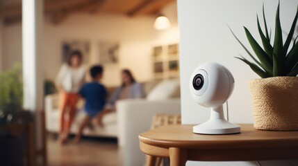 Modern Wi-Fi security cameras mounted on home walls By facing the camera In the background, there is a family sitting on a sofa in the blurred background. - obrazy, fototapety, plakaty