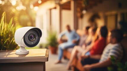 Modern Wi-Fi security cameras mounted on home walls By facing the camera In the background, there is a family sitting on a sofa in the blurred background. - obrazy, fototapety, plakaty
