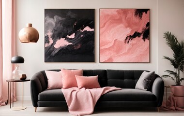 living room features a black sofa with pink pillows and a matching blanket, against a pristine white wall with an abstract art poster