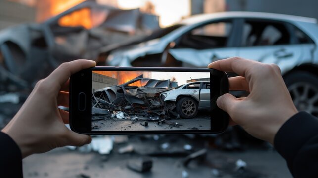 Female hand holding a smartphone Take pictures of car accidents