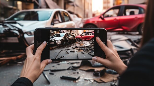 Female hand holding a smartphone Take pictures of car accidents
