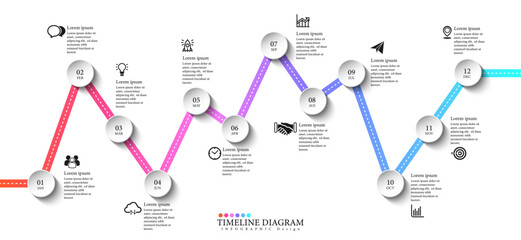Infographic workflow diagram 12 months infographic number Process flow chart with icons. Illustration vector data concept of process and data chart - obrazy, fototapety, plakaty