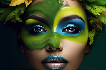 world planet green makeup concept environmental Fashion feather trendy eco ecology nature face earth woman head closeup constructed skin cosmetic map texture environment beauty global beautiful