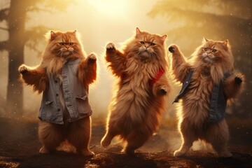 three funny cute fluffy red cats performing a dancing routine on stage or a dance floor under...