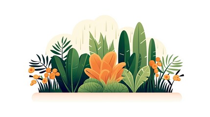 Simplistic Botanical Garden Illustration Diverse Plant Collection, Flat Style on White Background