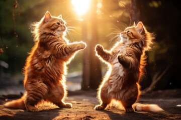 two funny cute fluffy red cats performing a dancing routine on stage or a dance floor under...