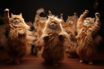 a group of funny cute fluffy red cats performing a dancing routine on stage or a dance floor under...