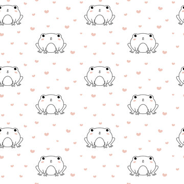 Funny frog with kiss and hearts. Seamless pattern