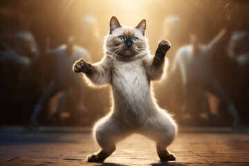 funny cute short hair siamese cat performing a dancing routine on stage or a dance floor under...