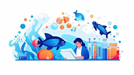 Minimalist UI illustration of a marine biologist studying ocean life in a flat illustration style on a white background.