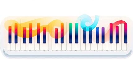 Minimalist UI illustration of a musical keyboard with notes emanating in a flat illustration.