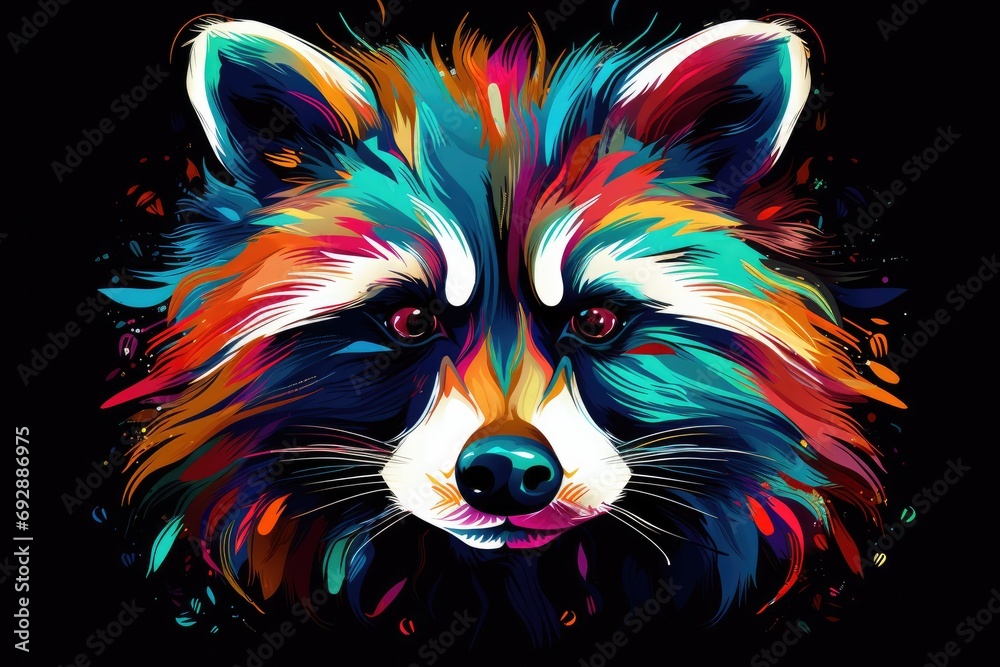 Wall mural animal racoon drawn in abstract colorful vector style. isolated on black background. t-shirt, mug pr