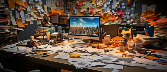 A messy desk, with notes, papers, and office supplies all over the place. unkempt work