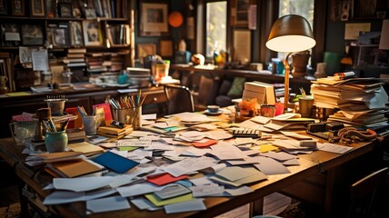 Obraz premium A messy desk, with notes, papers, and office supplies all over the place. unkempt work