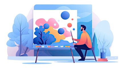 Minimalist UI illustration of an artist painting a canvas in a flat illustration style on a white background - obrazy, fototapety, plakaty