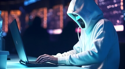 Cute anonymous hacker with white hoodie typing computer laptop. generative AI. - obrazy, fototapety, plakaty