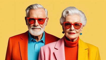 Minimalist Art: Fashionable Senior Couple in Bright Colors - obrazy, fototapety, plakaty