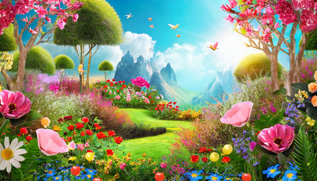 Beautiful fantasy landscape with flowers and trees