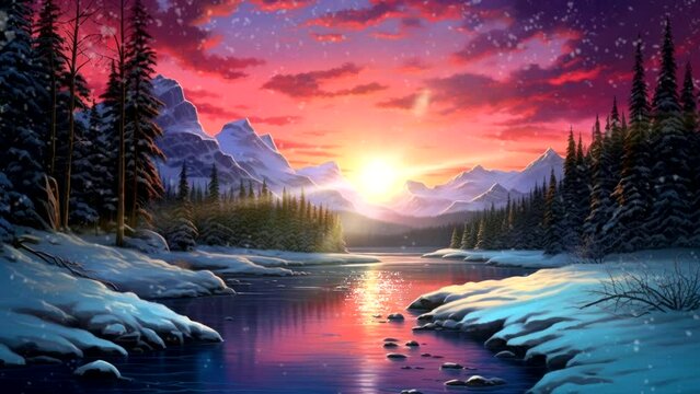 Beautiful scenery of nature dawn at frozen place, river, snowy on mountains pine tree.  looping  video animation background life wallpaper 4k