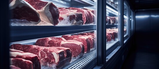 Aging high-quality beef in cold storage. - obrazy, fototapety, plakaty