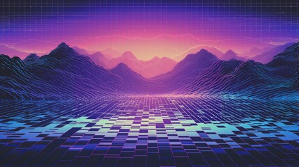 Vintage Computer Screen with 80s Retro Wave Style Background, VHS Noise, and Glitch Effects in Bright Purple Color