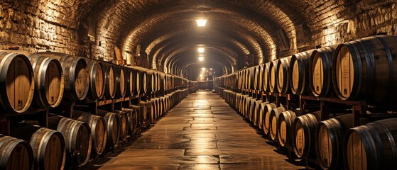 Wine, Whisky and Alcohol Age in a Cellar with Rows of Wooden Oak Barrels. - obrazy, fototapety, plakaty