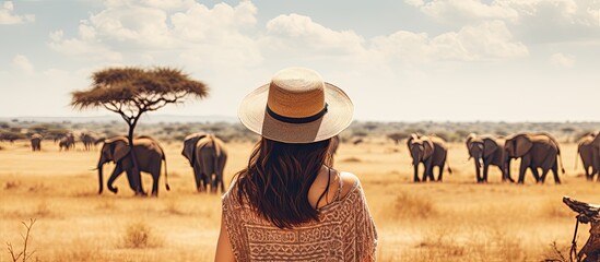 Female tourist observing elephants in the African savannah while on a safari in Kenya and Tanzania,...